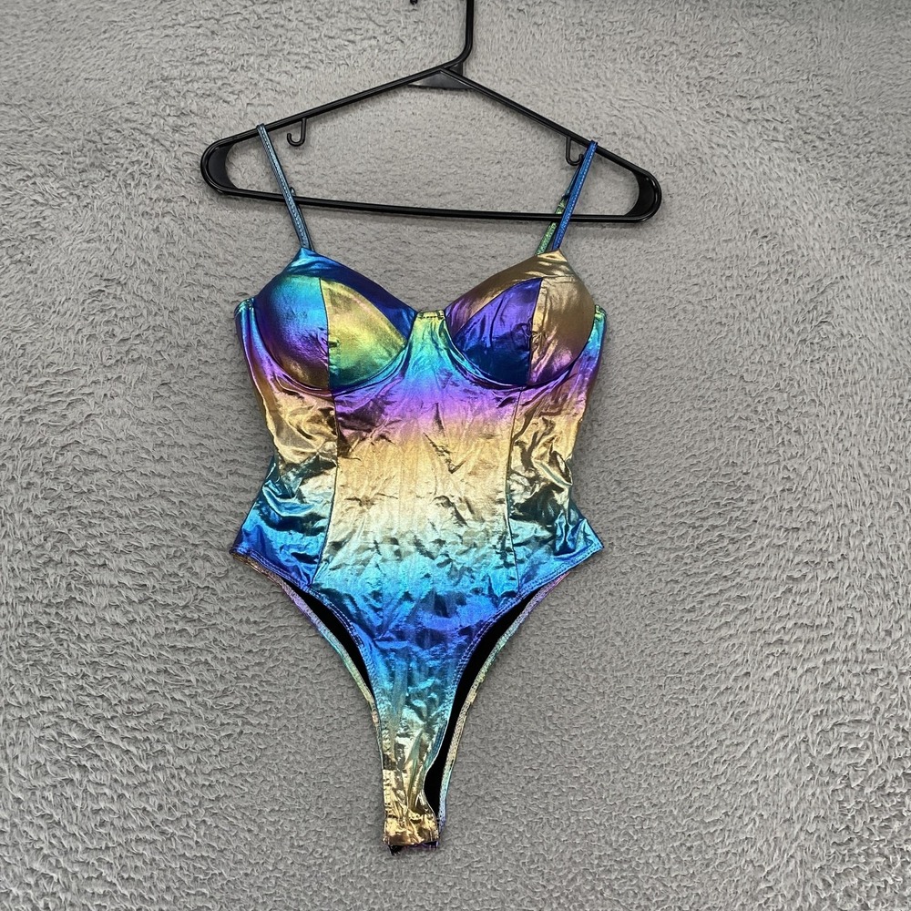 Fashion Nova Bodysuit Womens XS Metallic Rainbow High Leg Festival Rave Concert